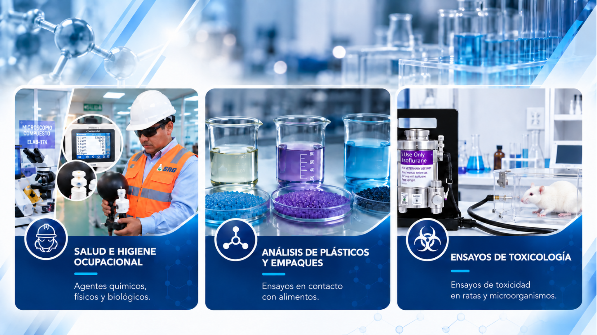 Salud e higiene ocupacional; análisis de plásticos y empaques en contacto con alimentos; ensayos de toxicología.