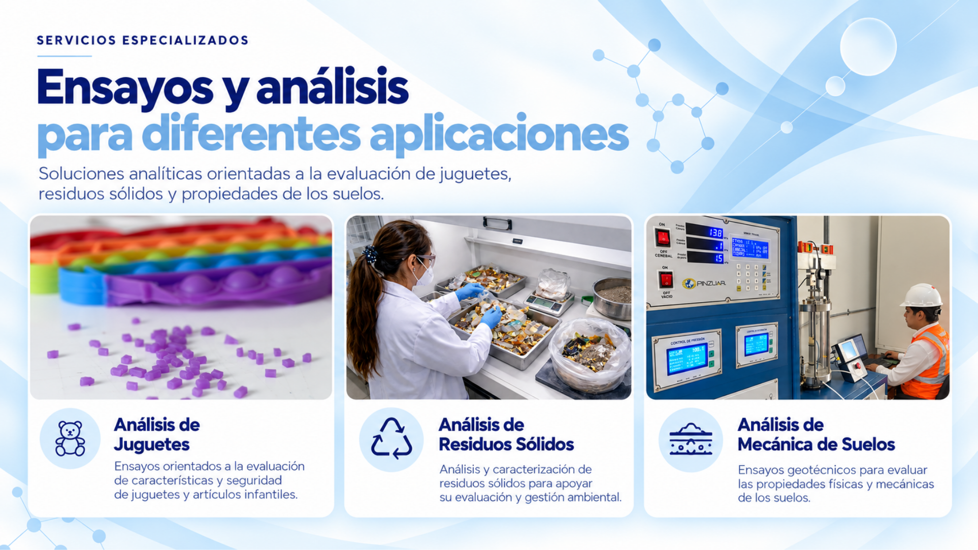 Análisis de juguetes, residuos sólidos y mecánica de suelos.
