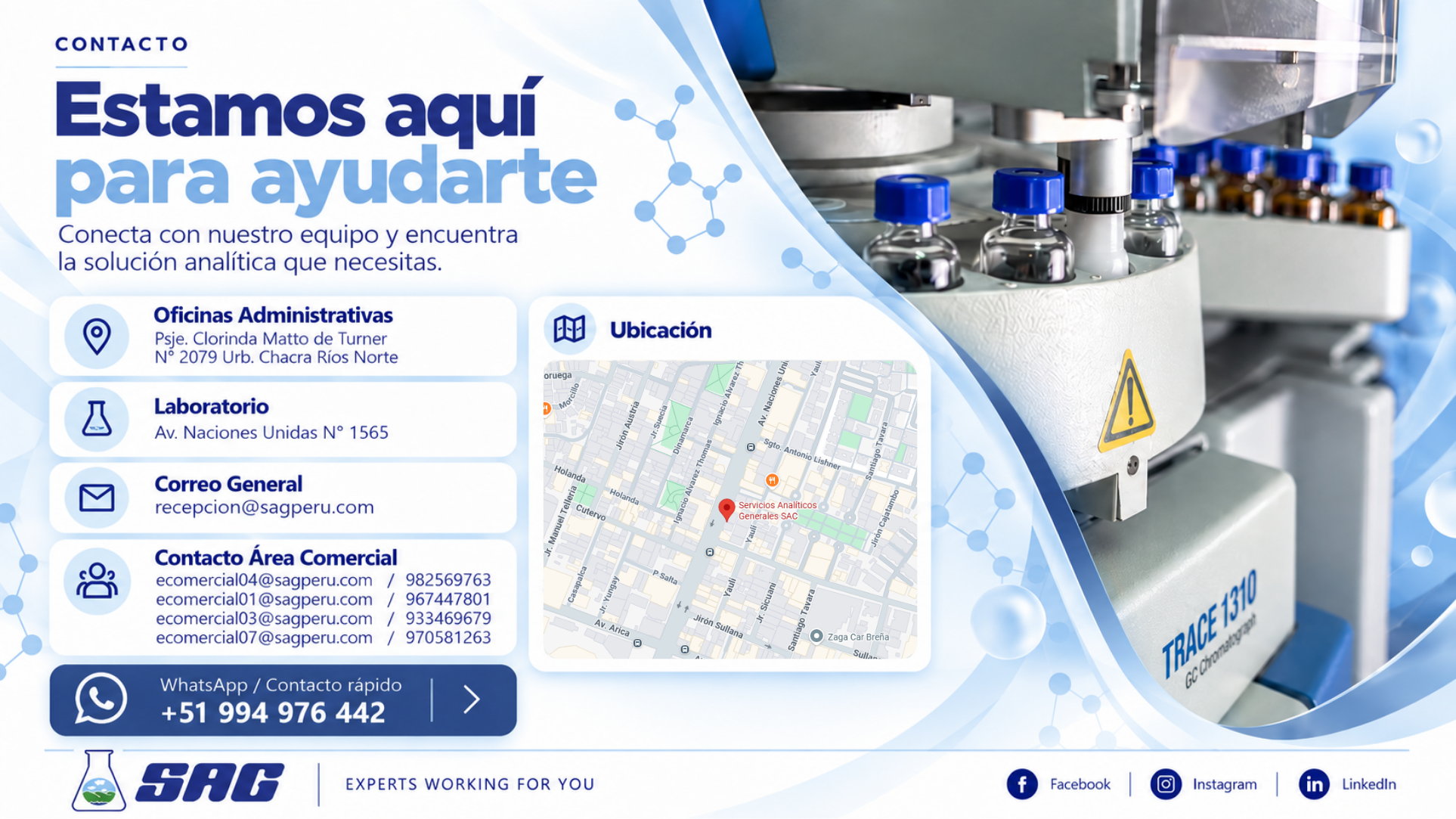 Información de contacto de SAG Perú, oficinas administrativas, laboratorio, correo y teléfonos comerciales.